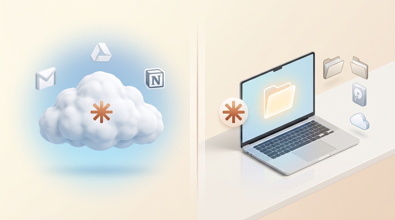 Comparativo visual: à esquerda uma nuvem com o asterisco do Claude e ícones de Gmail, Drive e Notion (MCP hospedado, roda em servidor de terceiro acessando serviços online); à direita um laptop em mesa com o asterisco do Claude e ícones de pastas, HD e nuvem (MCP local, roda no seu computador acessando tanto arquivos do HD quanto serviços online)